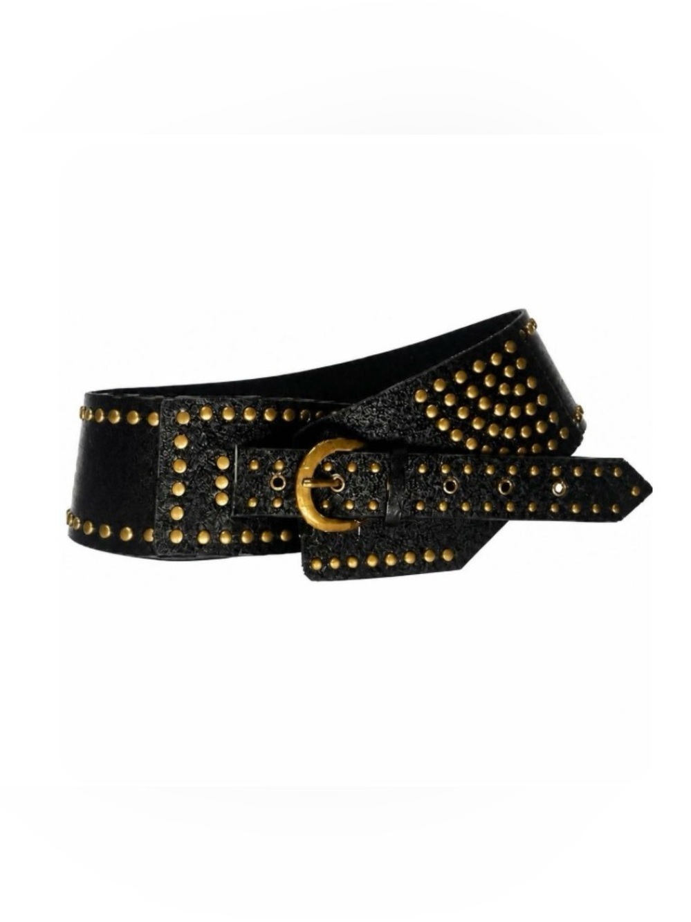Wide Black Studded Faux Leather Belt with Brass Toned Hardware
